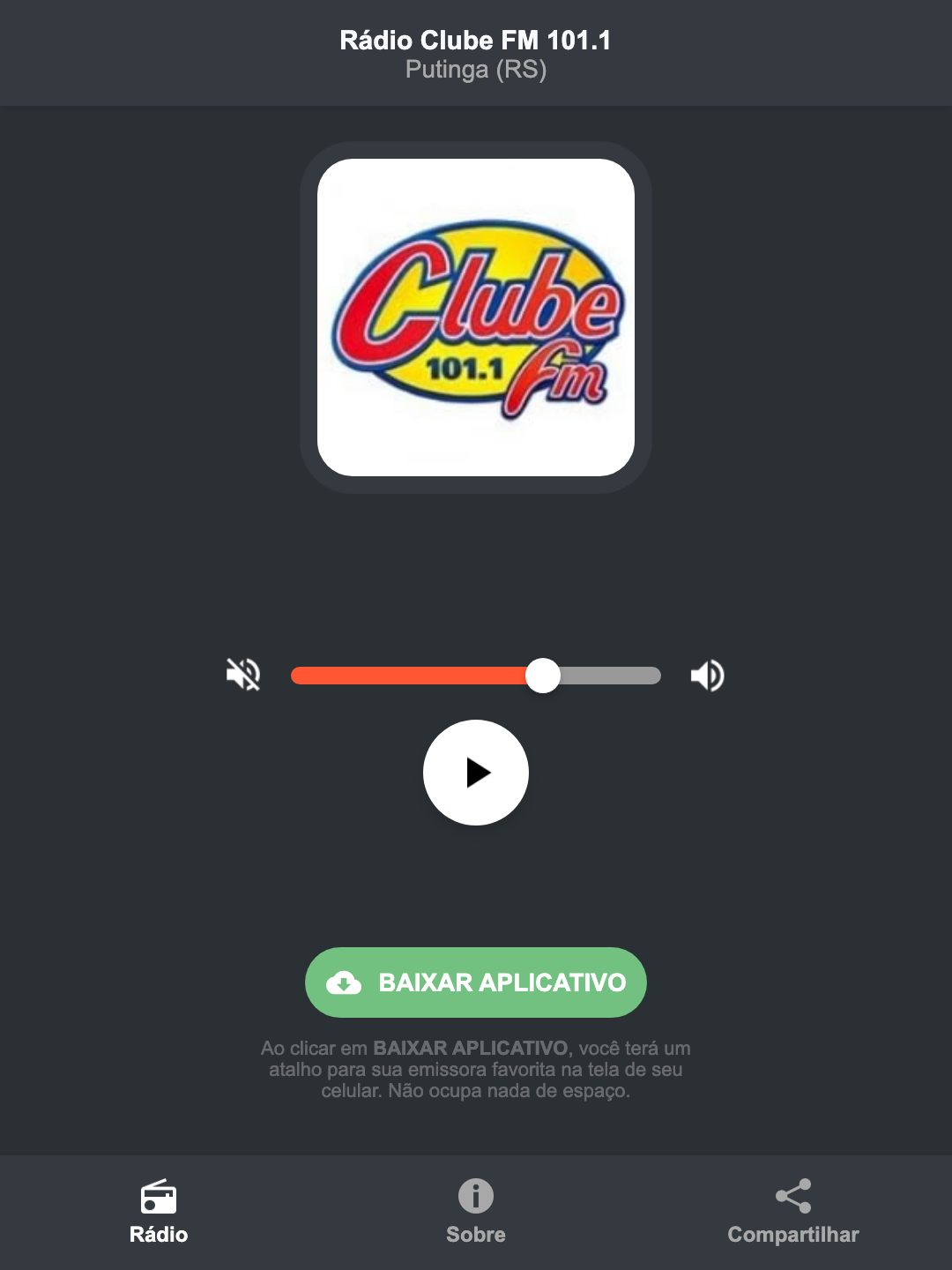 Screenshot do aplicativo da Rádio Clube FM 101.1