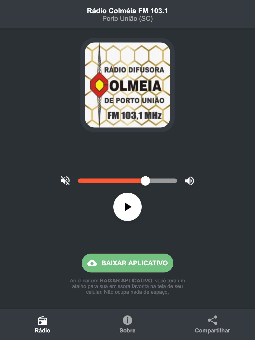Screenshot do aplicativo da Rádio Colméia FM 103.1