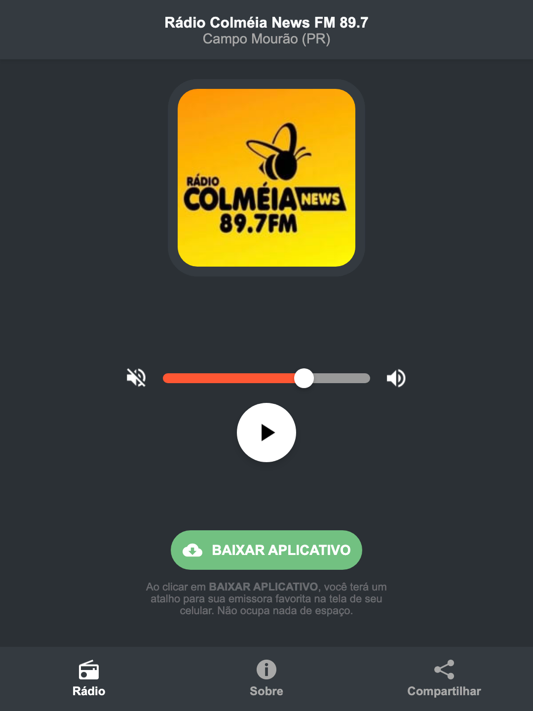 Screenshot do aplicativo da Rádio Colméia News FM 89.7
