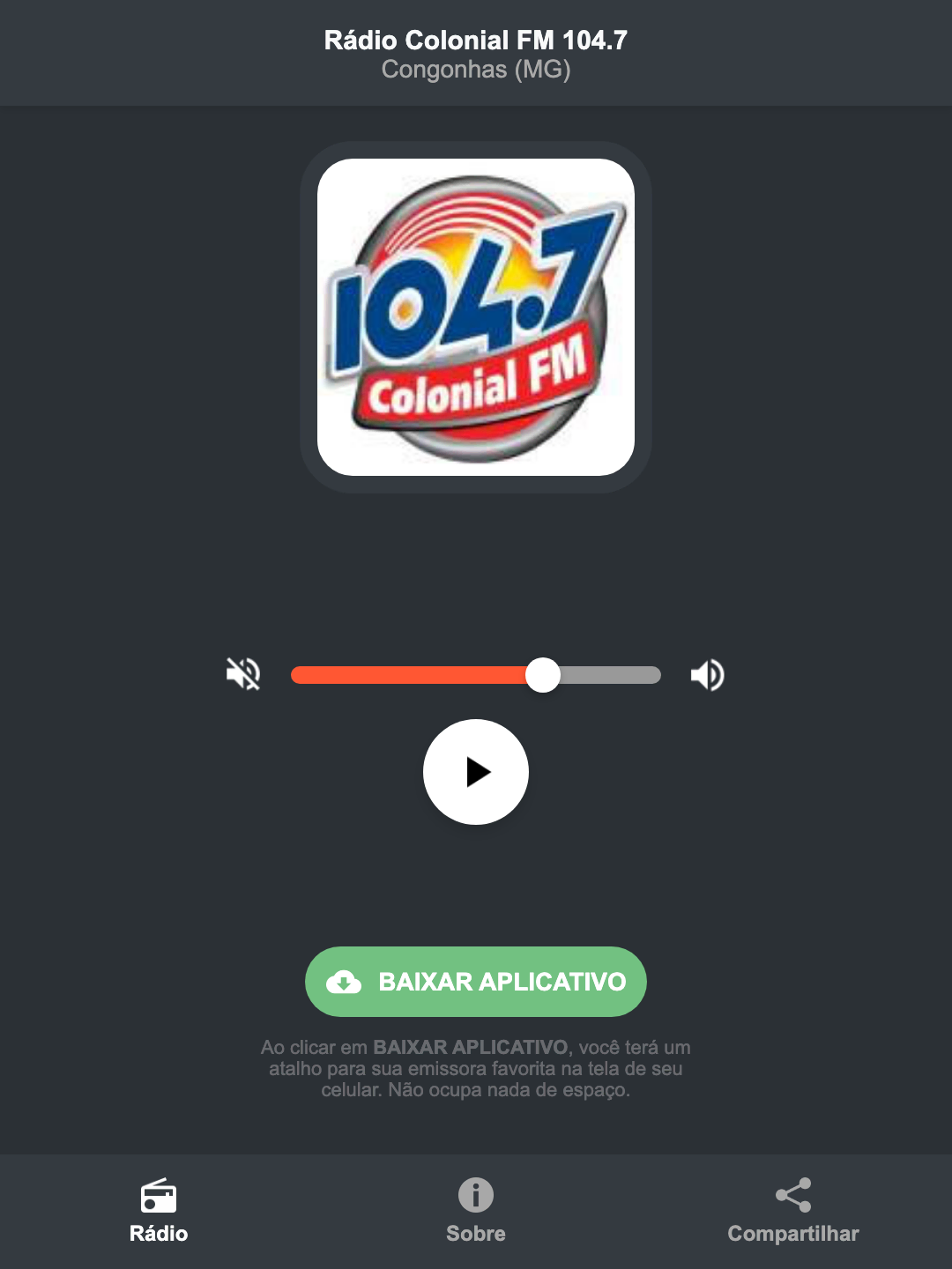 Screenshot do aplicativo da Rádio Colonial FM 104.7