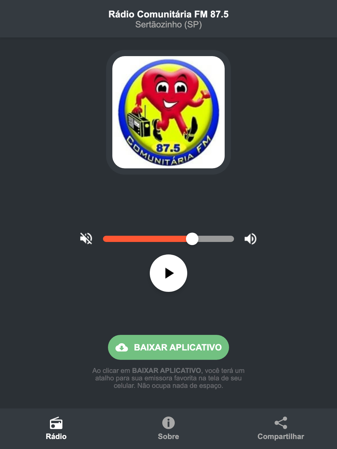 Screenshot do aplicativo da Rádio Comunitária FM 87.5