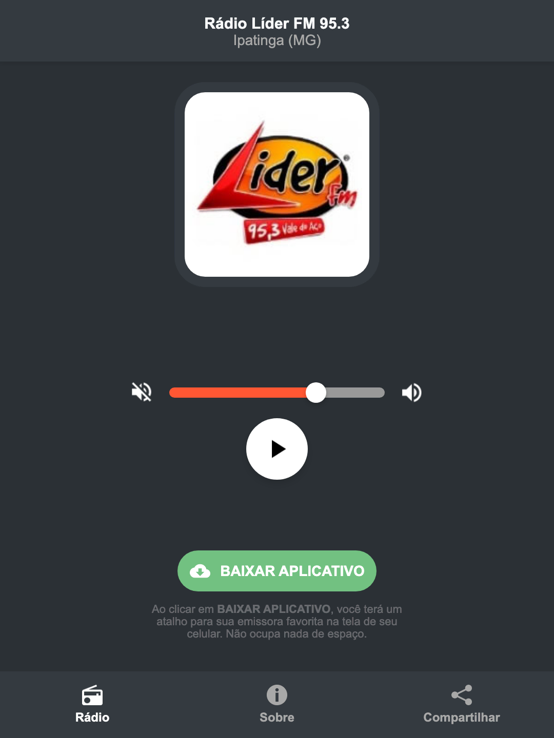 Screenshot do aplicativo da Rádio Líder FM 95.3