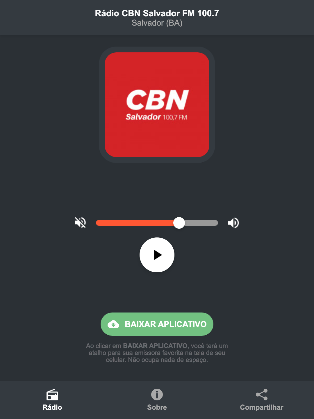 Screenshot do aplicativo da Rádio CBN Salvador FM 100.7