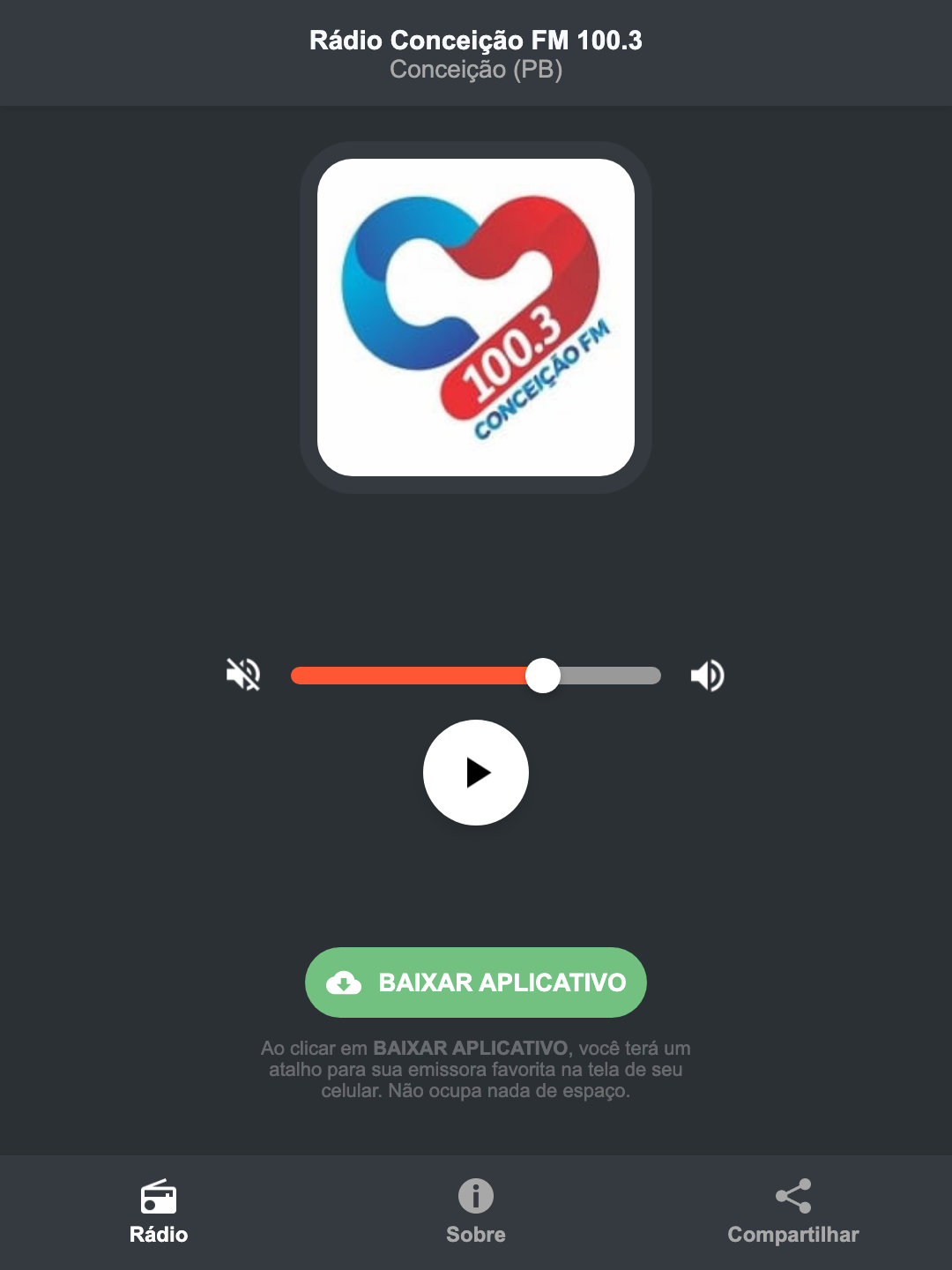 Screenshot do aplicativo da Rádio Conceição FM 100.3
