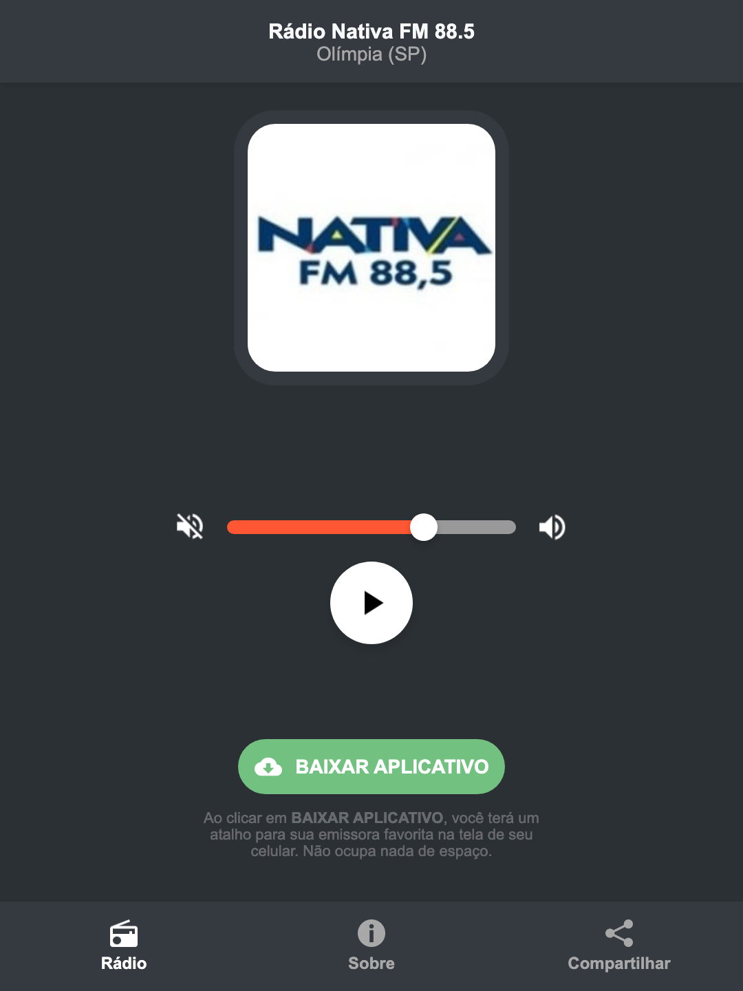 Screenshot do aplicativo da Rádio Nativa FM 88.5