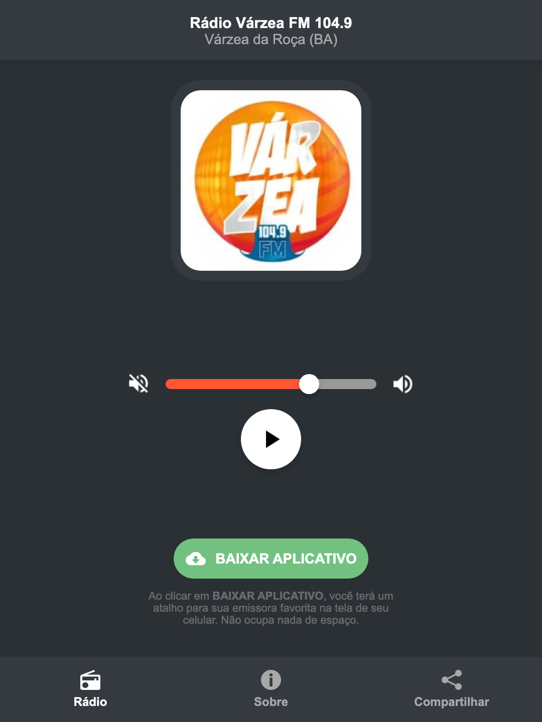 Screenshot do aplicativo da Rádio Várzea FM 104.9
