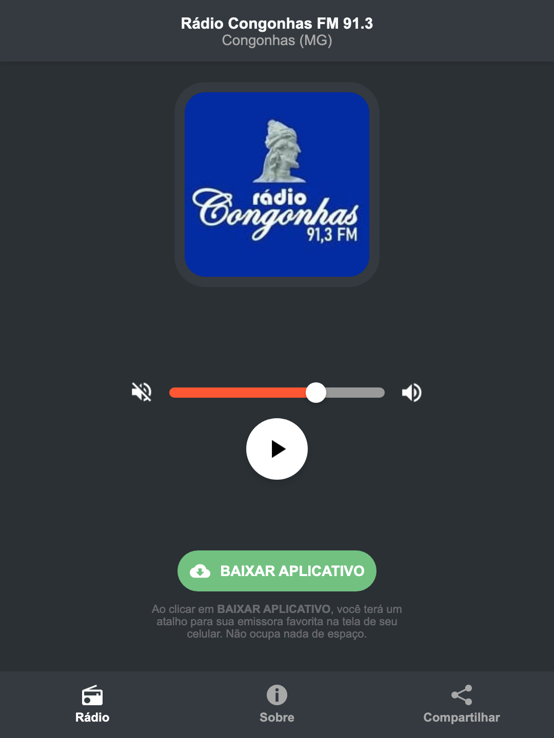 Screenshot do aplicativo da Rádio Congonhas FM 91.3