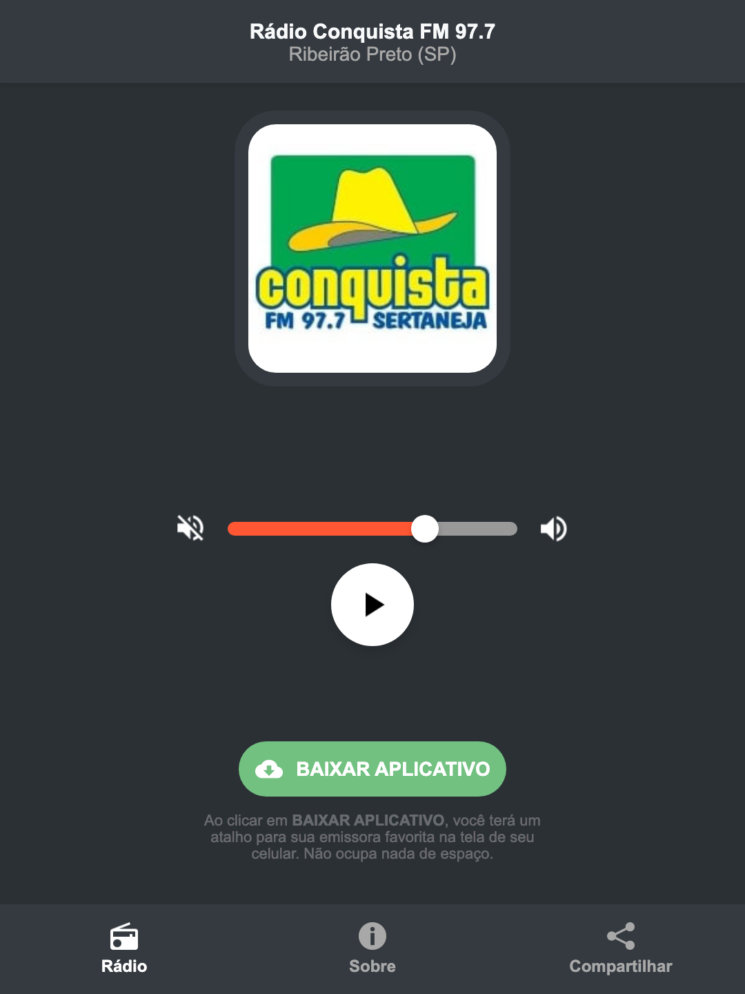 Screenshot do aplicativo da Rádio Conquista FM 97.7