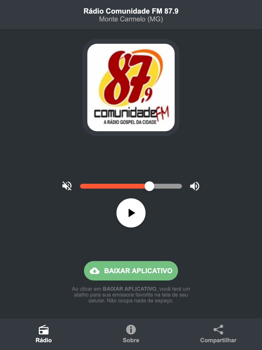 Screenshot do aplicativo da Rádio Comunidade FM 87.9