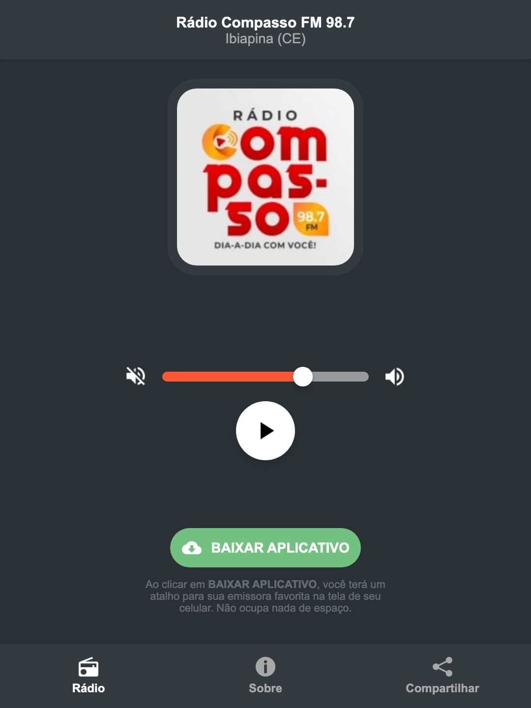 Screenshot do aplicativo da Rádio Compasso FM 98.7