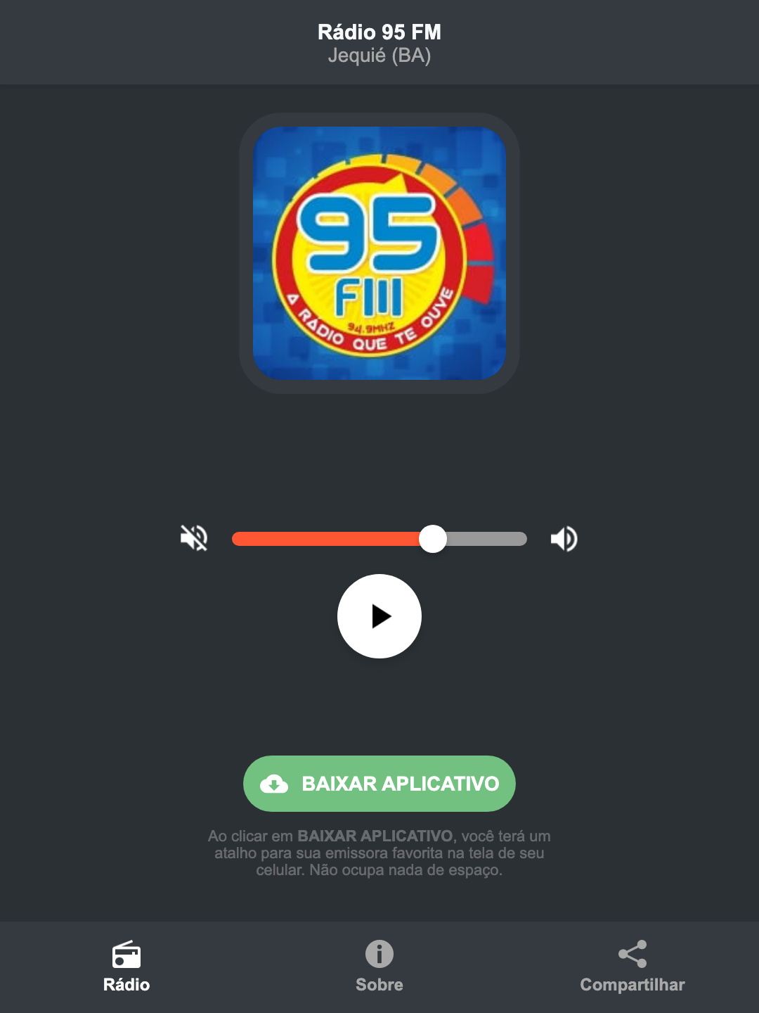 Screenshot do aplicativo da Rádio 95 FM