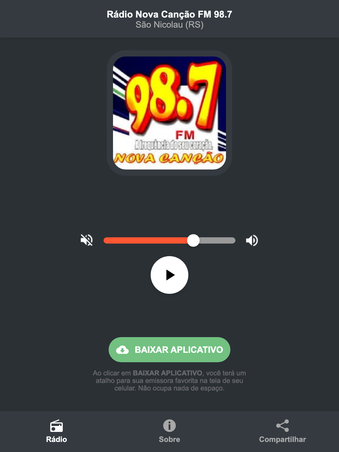 Screenshot do aplicativo da Rádio Nova Canção FM 98.7