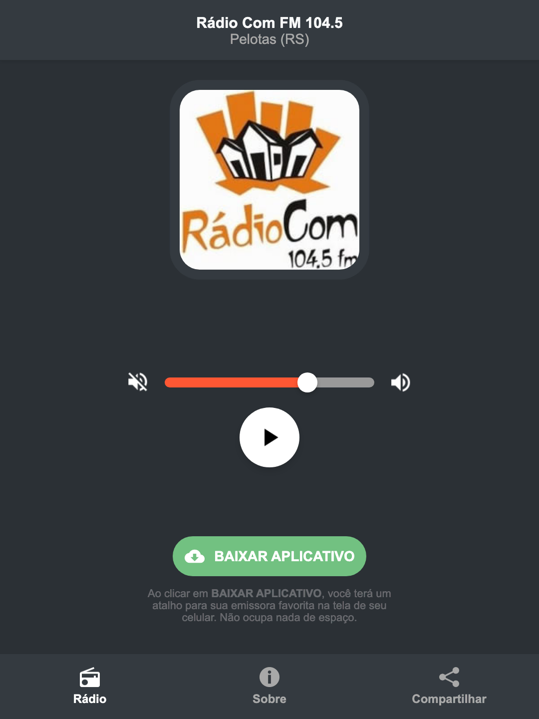 Screenshot do aplicativo da Rádio Com FM 104.5
