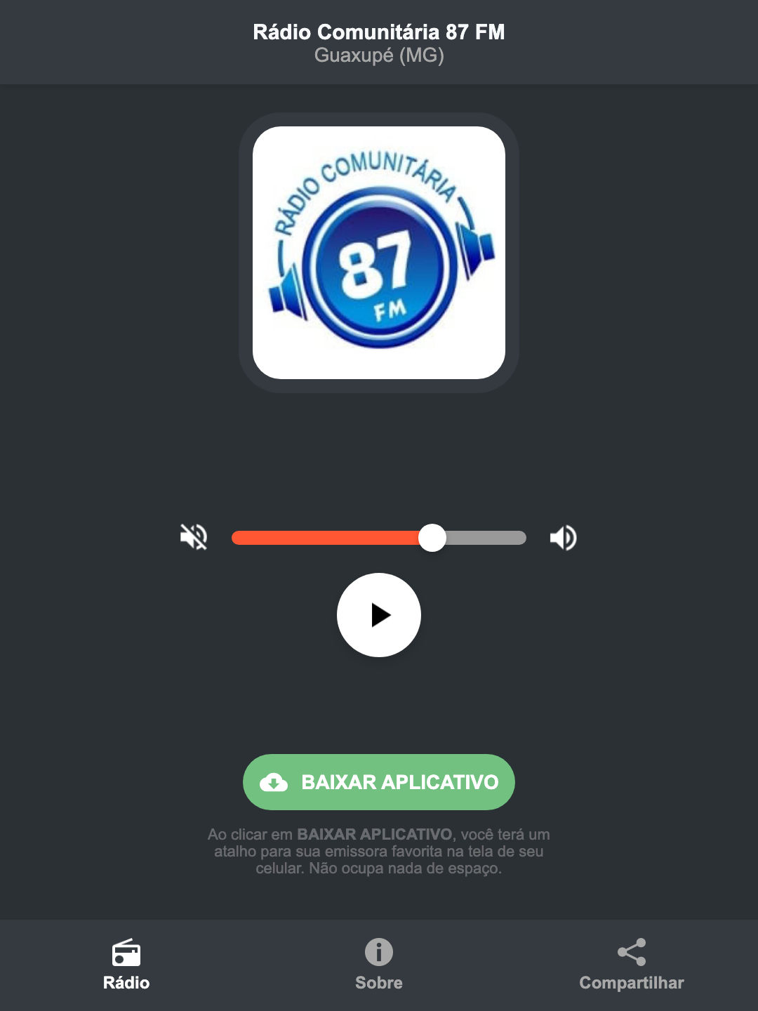 Screenshot do aplicativo da Rádio Comunitária 87 FM