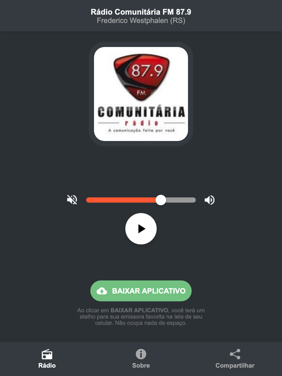 Screenshot do aplicativo da Rádio Comunitária FM 87.9