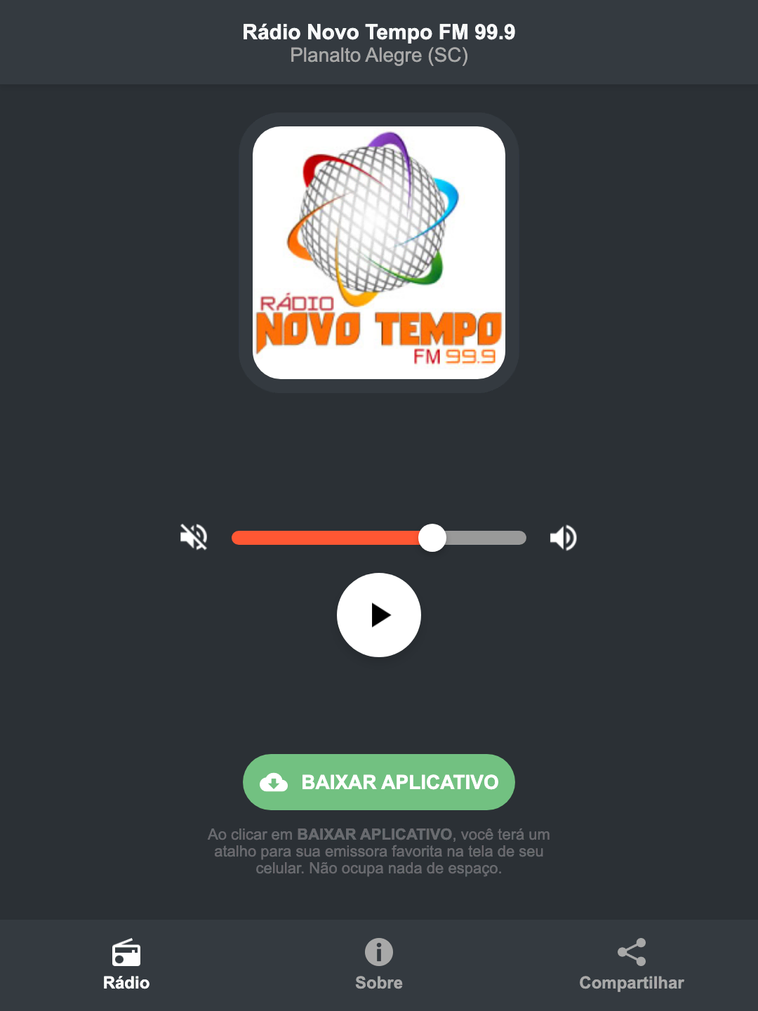 Screenshot do aplicativo da Rádio Novo Tempo FM 99.9