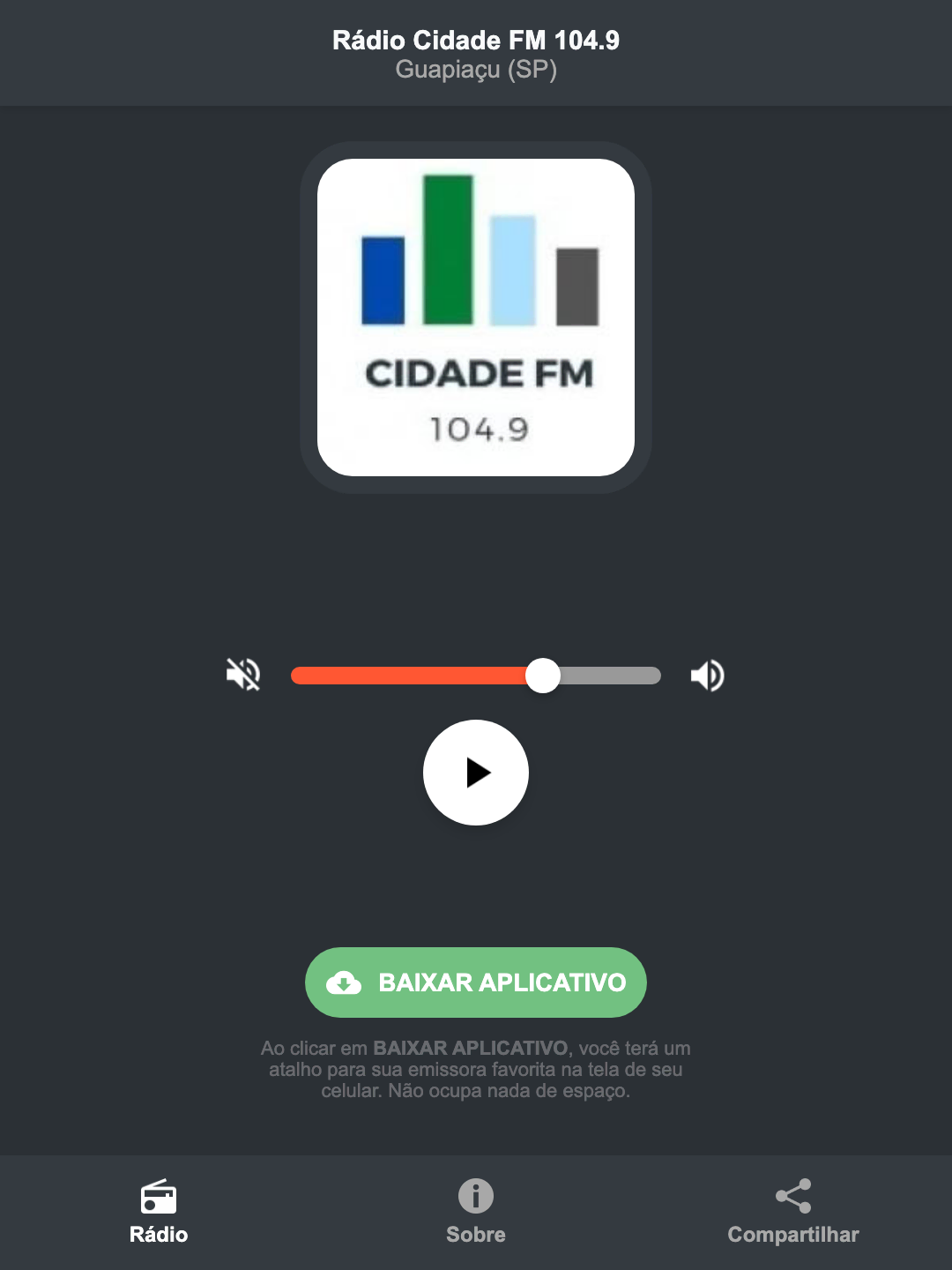 Screenshot do aplicativo da Rádio Cidade FM 104.9