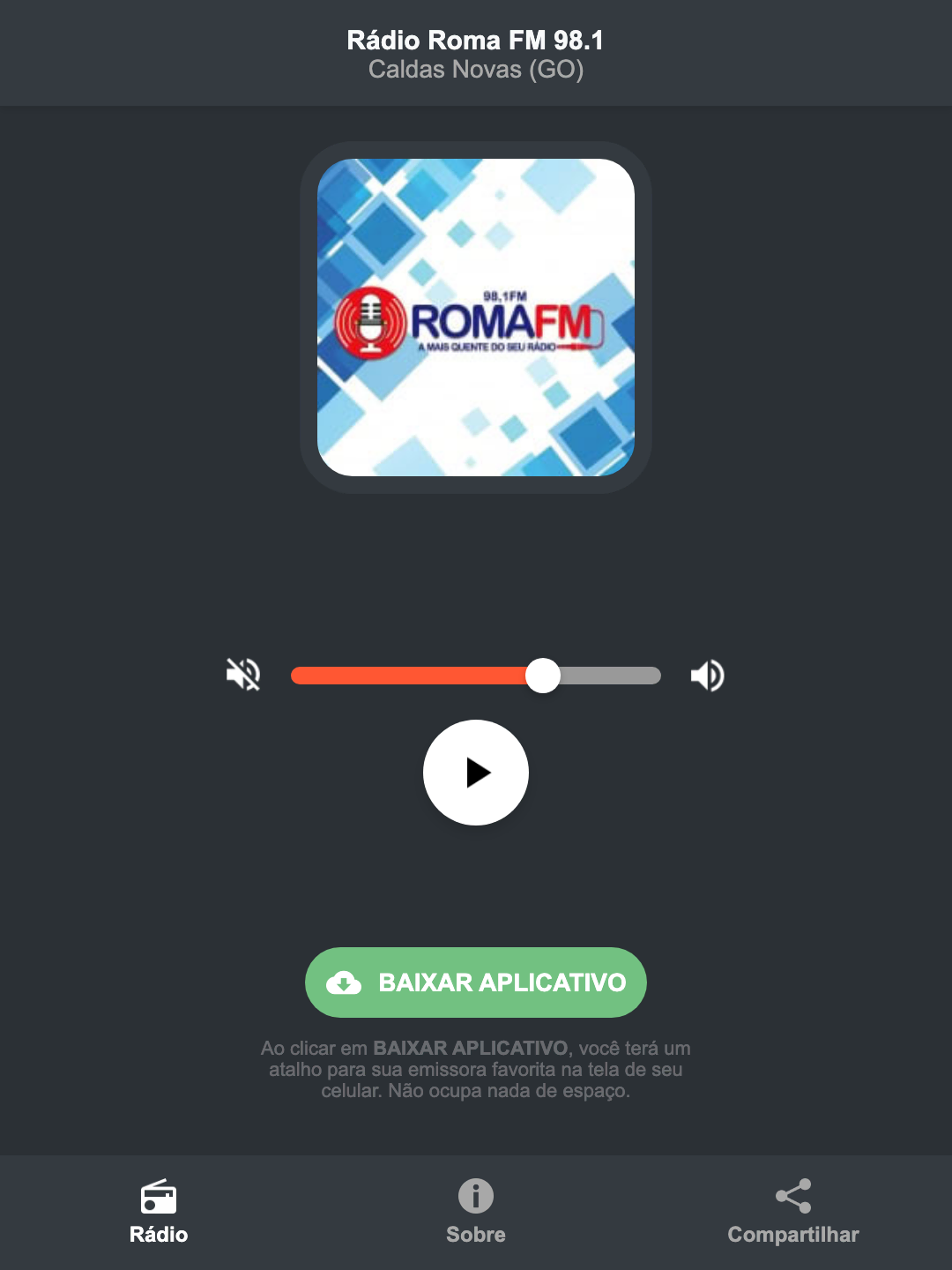 Screenshot do aplicativo da Rádio Roma FM 98.1