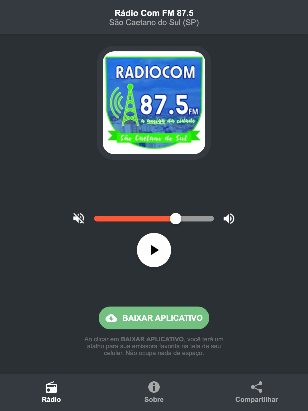 Screenshot do aplicativo da Rádio Com FM 87.5