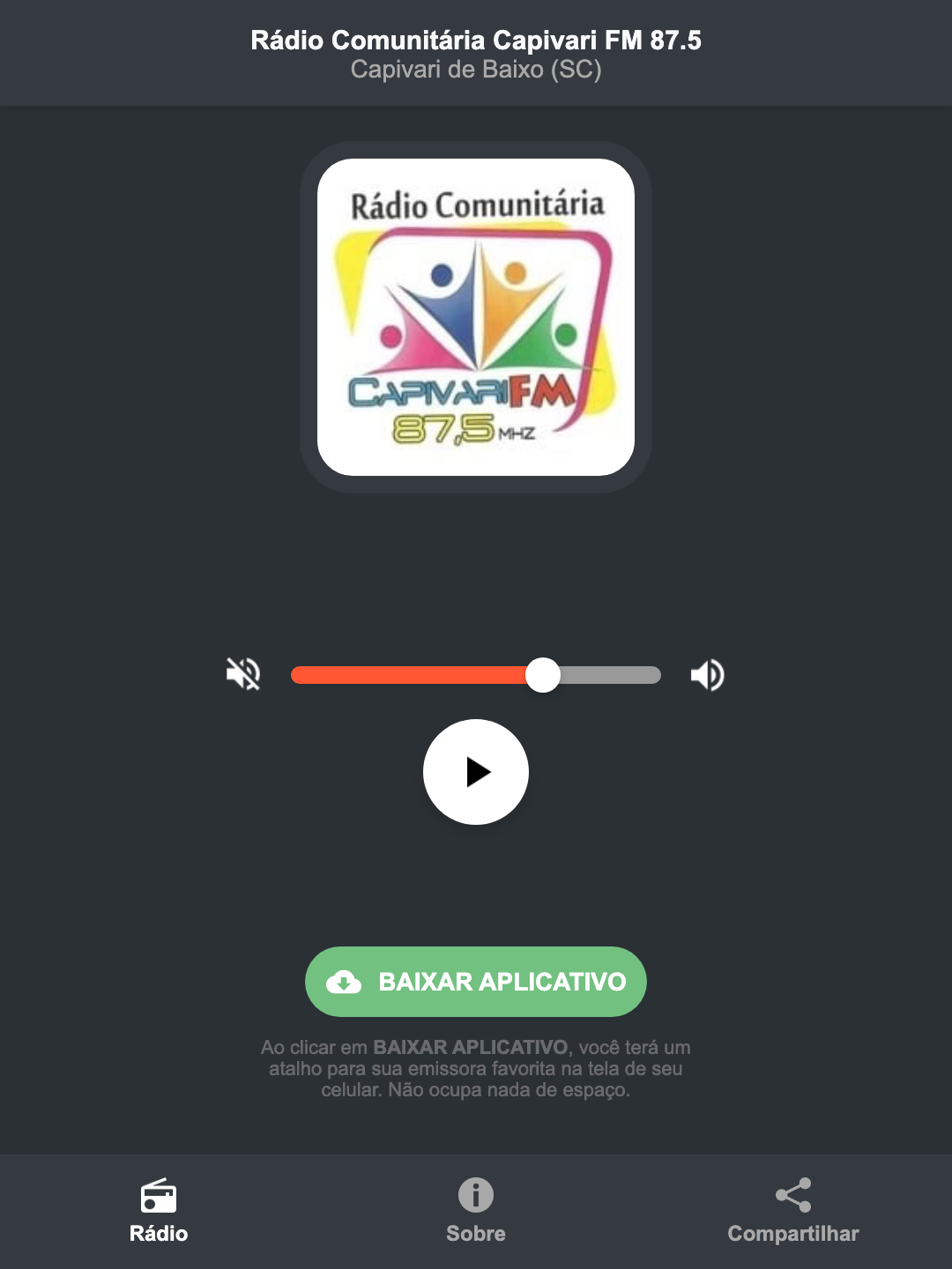 Screenshot do aplicativo da Rádio Comunitária Capivari FM 87.5
