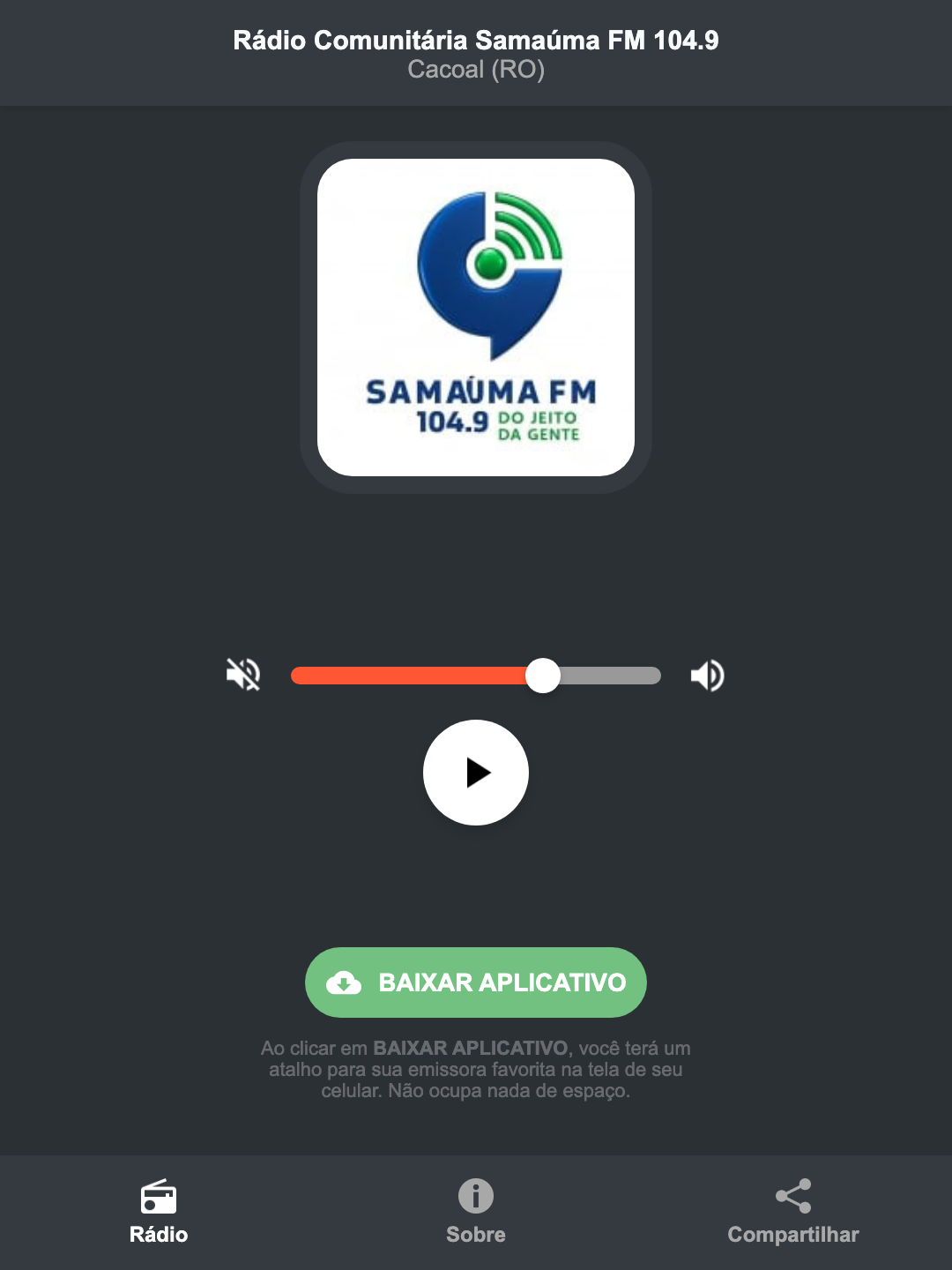 Screenshot do aplicativo da Rádio Comunitária Samaúma FM 104.9