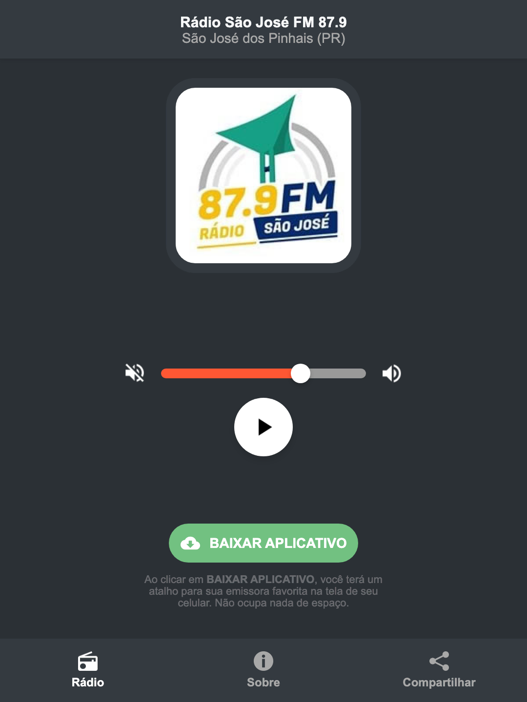 Screenshot do aplicativo da Rádio São José FM 87.9