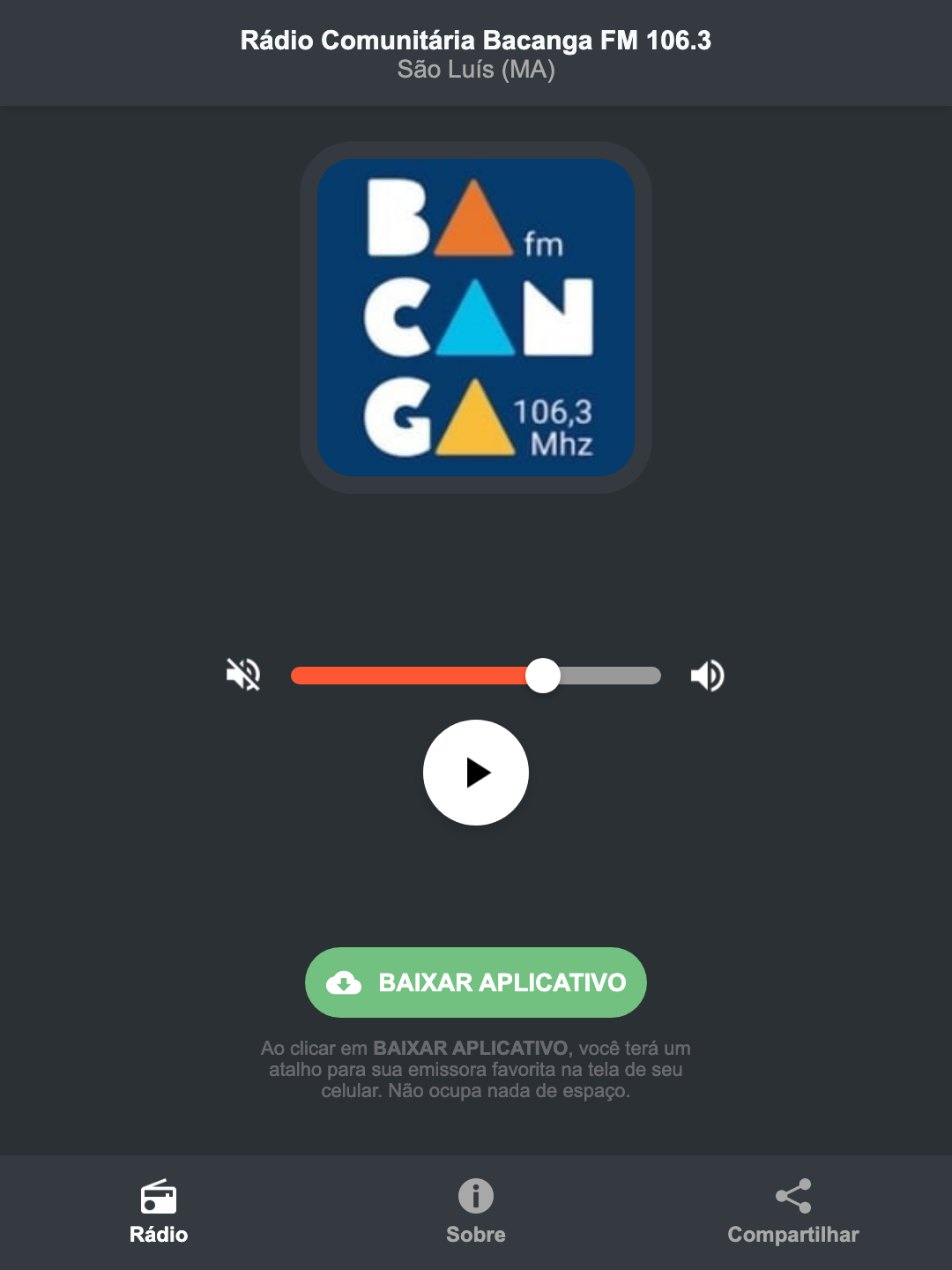 Screenshot do aplicativo da Rádio Comunitária Bacanga FM 106.3