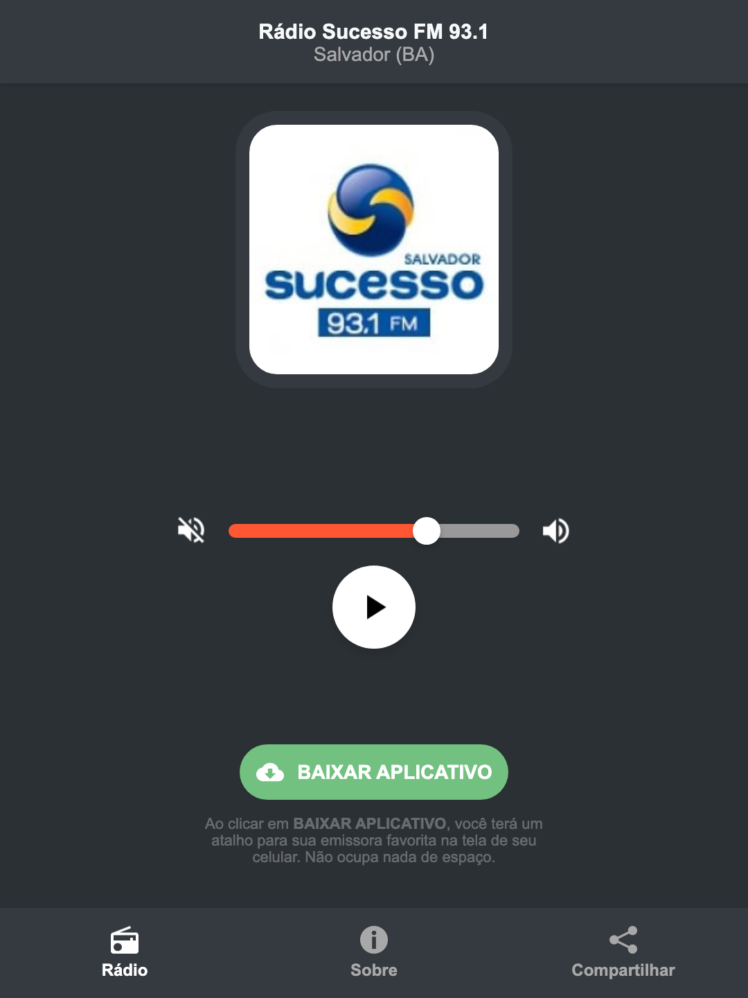 Screenshot do aplicativo da Rádio Sucesso FM 93.1