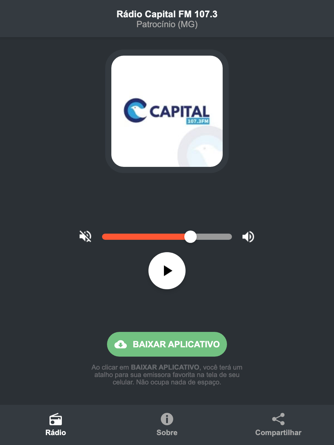 Screenshot do aplicativo da Rádio Capital FM 107.3