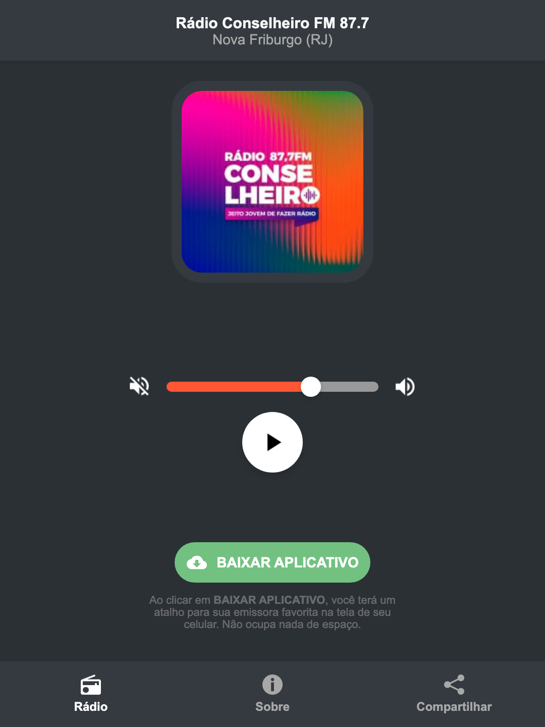 Screenshot do aplicativo da Rádio Conselheiro FM 87.7