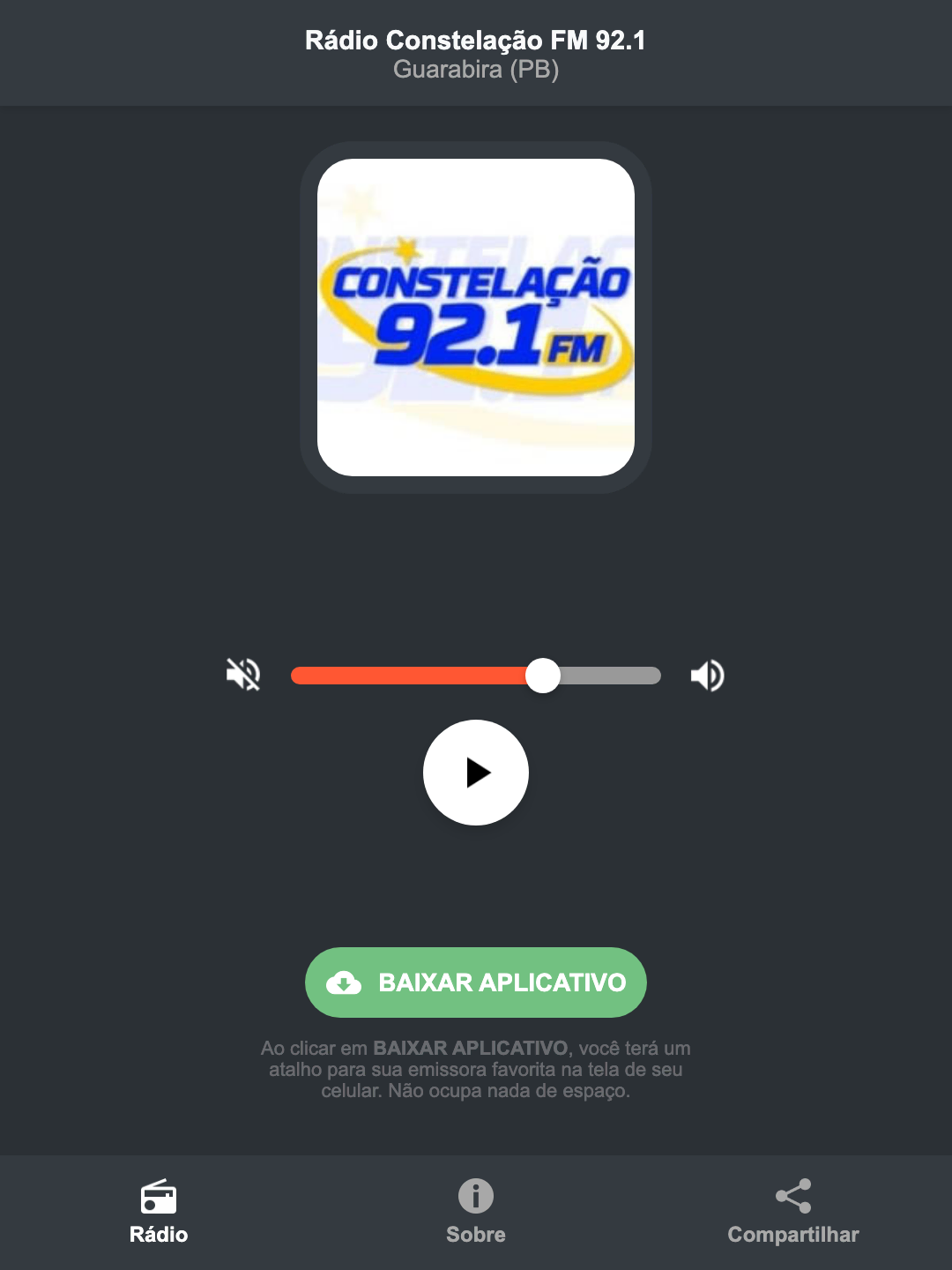 Screenshot do aplicativo da Rádio Constelação FM 92.1