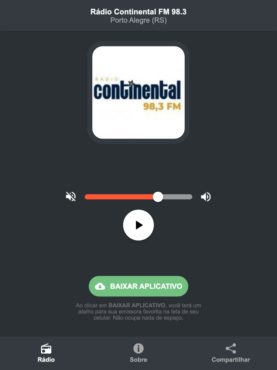 Screenshot do aplicativo da Rádio Continental FM 98.3