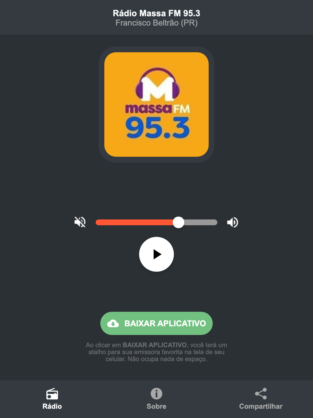 Screenshot do aplicativo da Rádio Massa FM 95.3