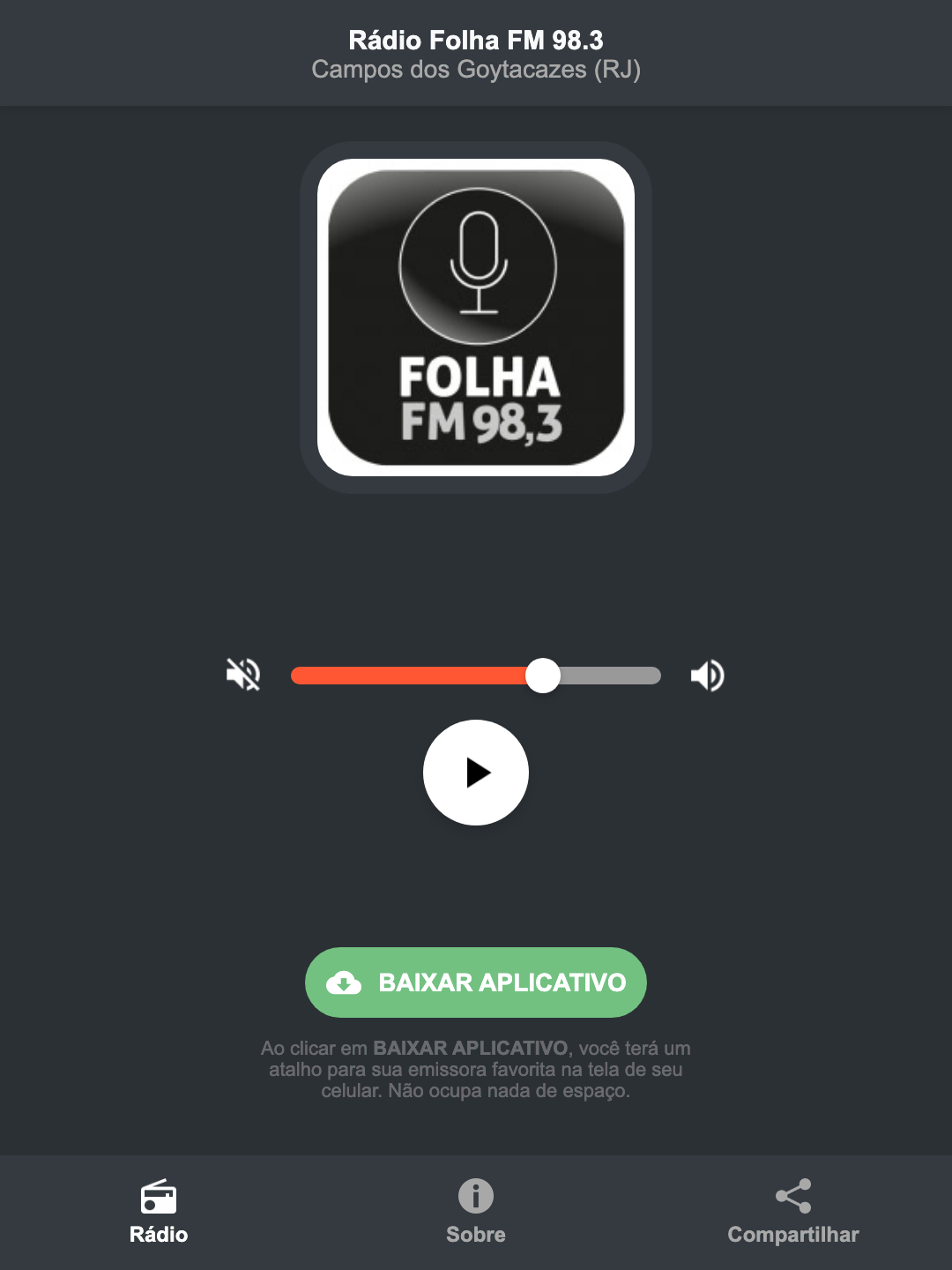 Screenshot do aplicativo da Rádio Folha FM 98.3