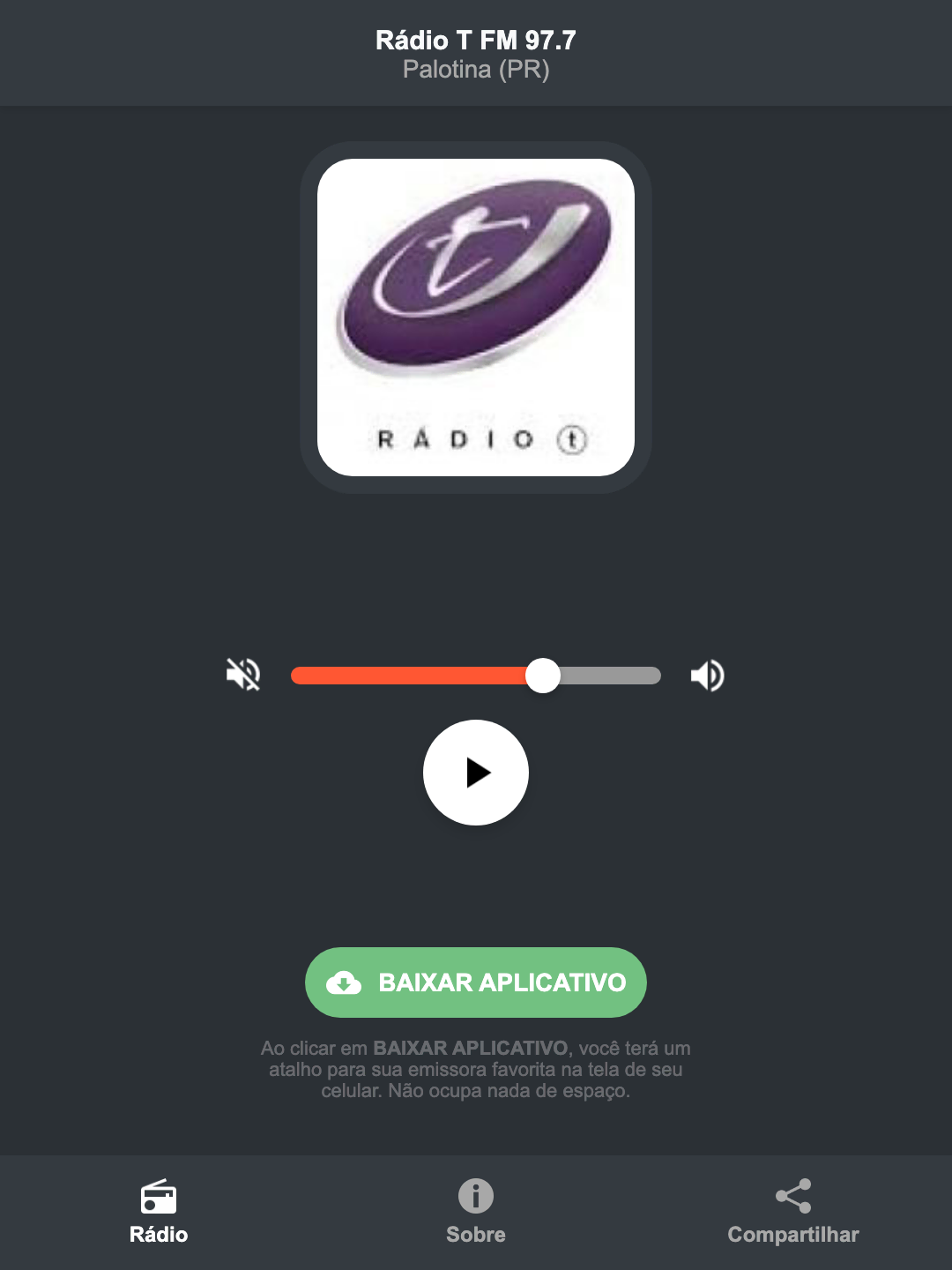 Screenshot do aplicativo da Rádio T FM 97.7