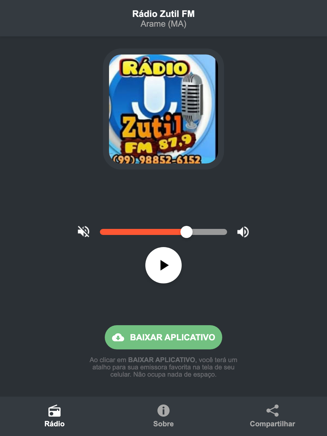 Screenshot do aplicativo da Rádio Zutil FM