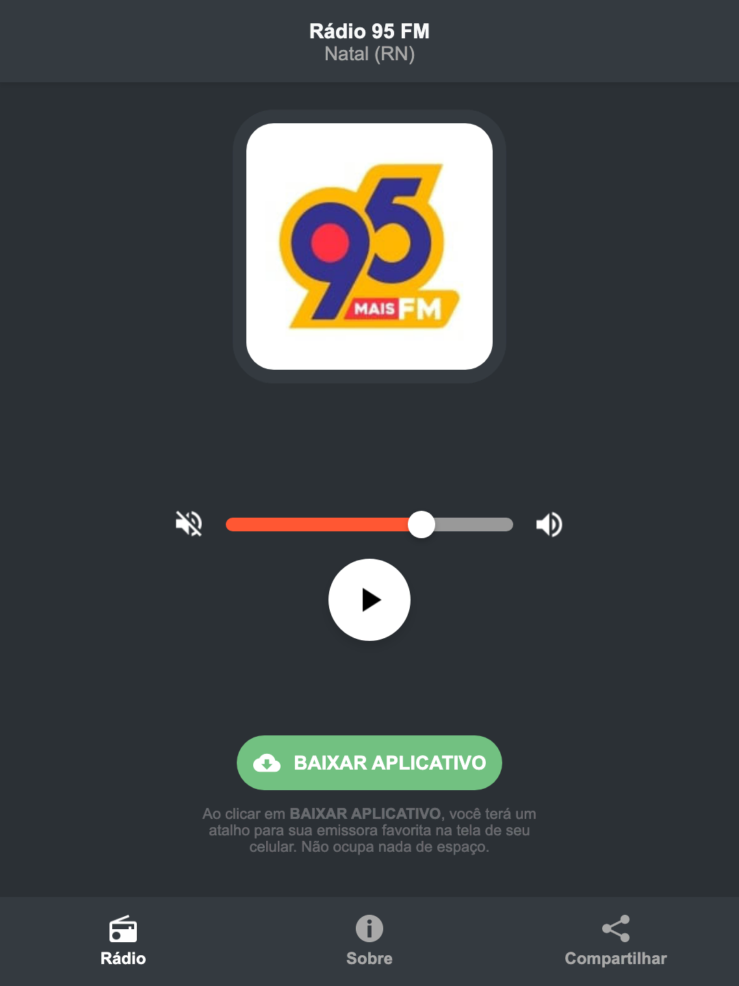 Screenshot do aplicativo da Rádio 95 FM