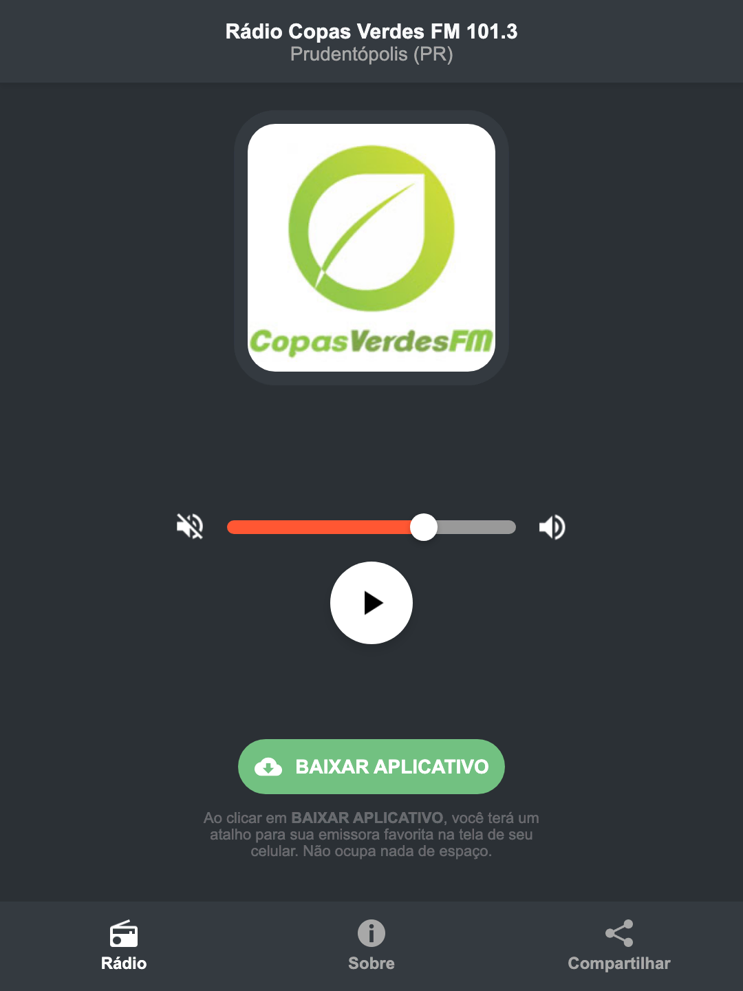 Screenshot do aplicativo da Rádio Copas Verdes FM 101.3