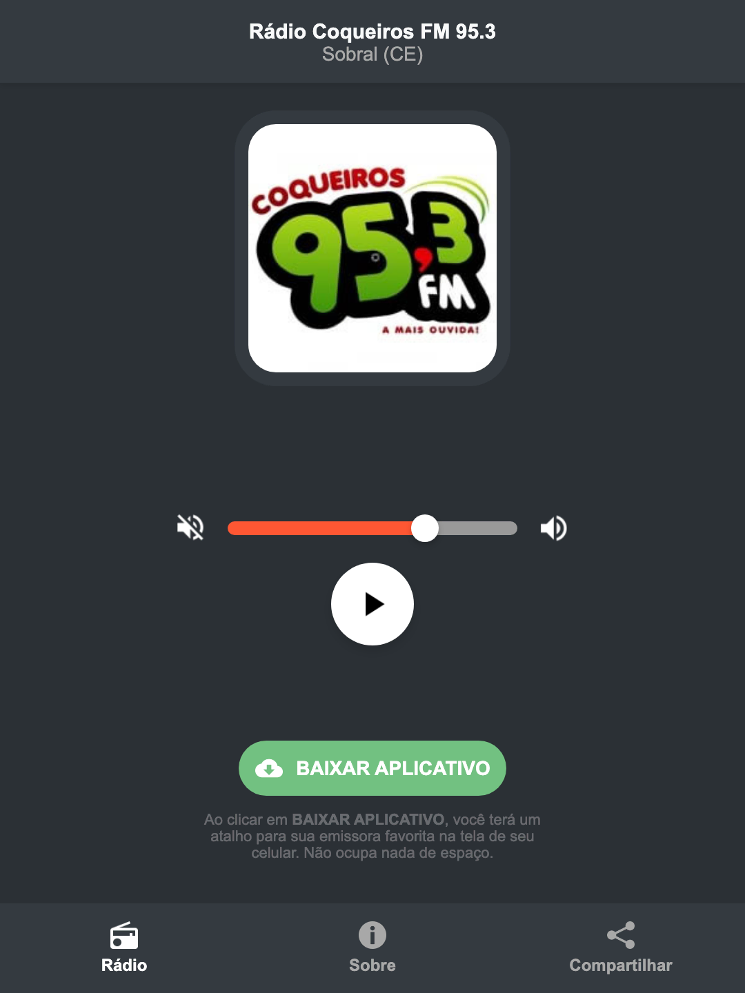 Screenshot do aplicativo da Rádio Coqueiros FM 95.3