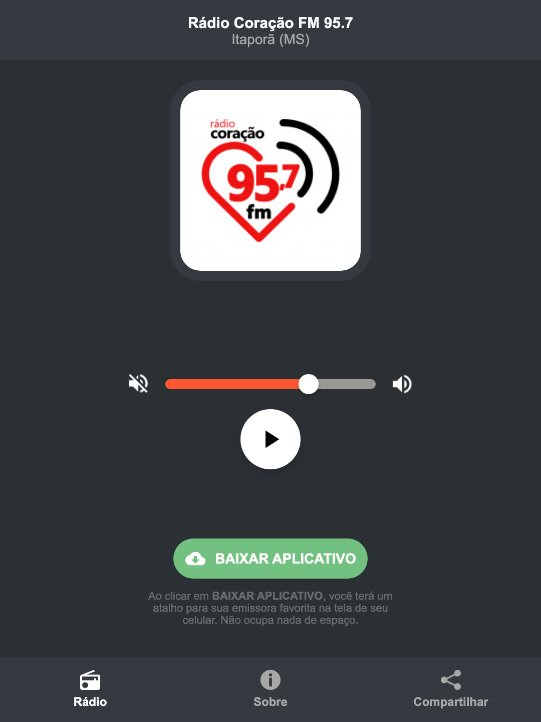 Screenshot do aplicativo da Rádio Coração FM 95.7