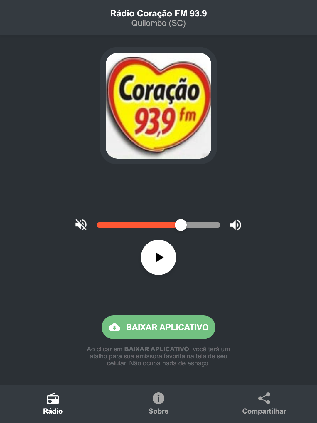 Screenshot do aplicativo da Rádio Coração FM 93.9