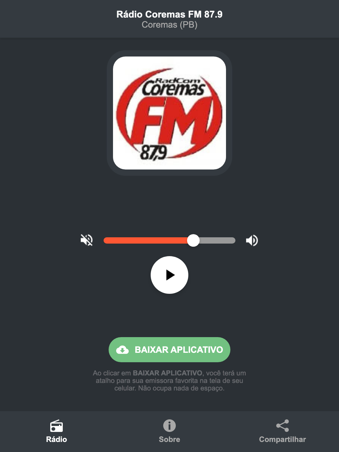 Screenshot do aplicativo da Rádio Coremas FM 87.9