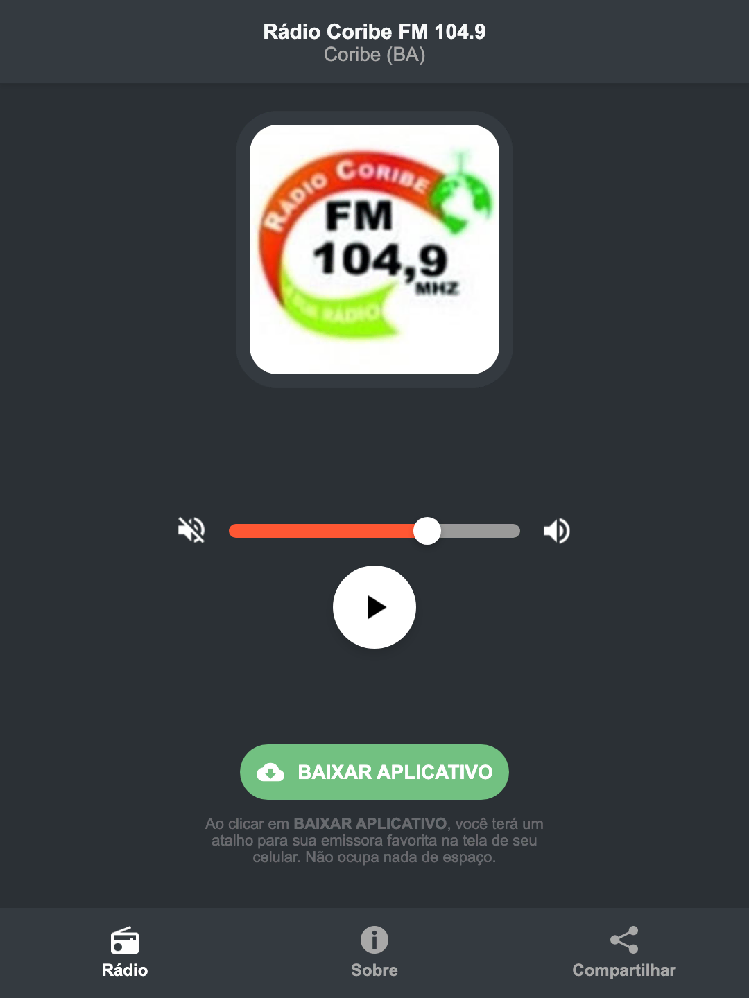 Screenshot do aplicativo da Rádio Coribe FM 104.9