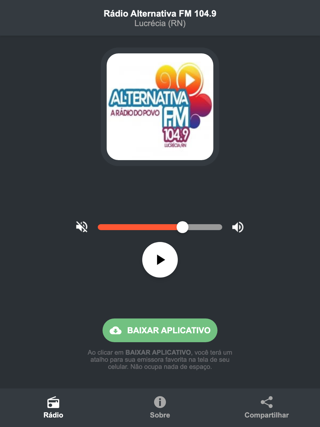 Screenshot do aplicativo da Rádio Alternativa FM 104.9