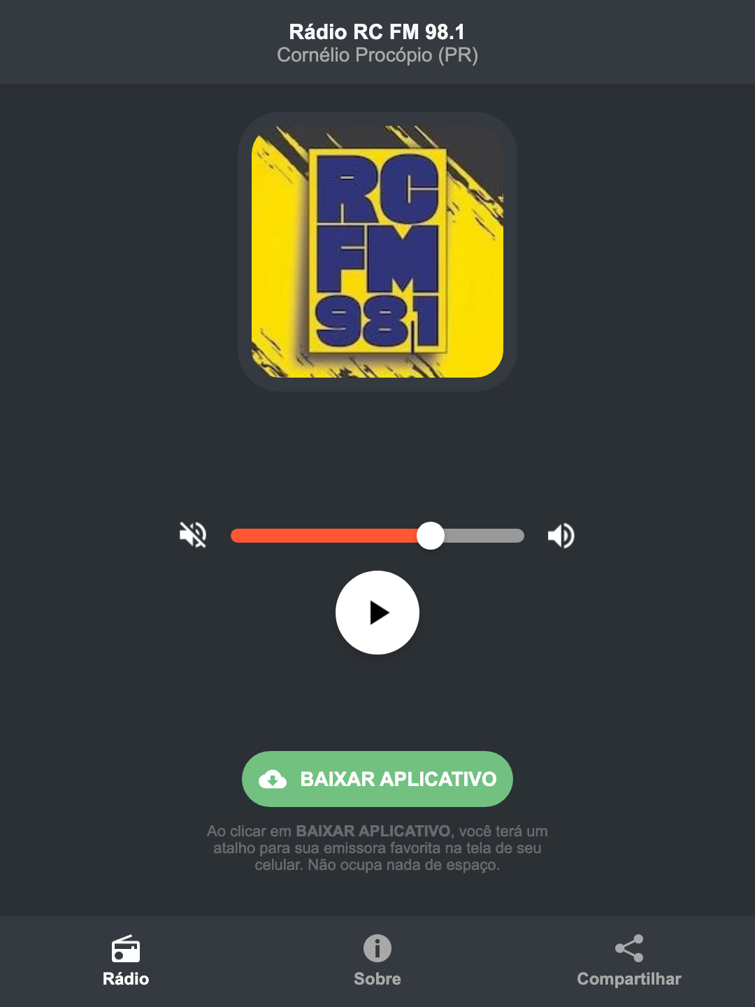 Screenshot do aplicativo da Rádio RC FM 98.1