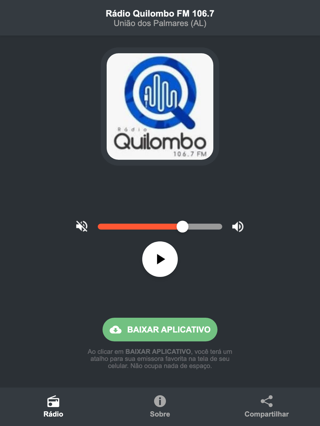 Screenshot do aplicativo da Rádio Quilombo FM 106.7