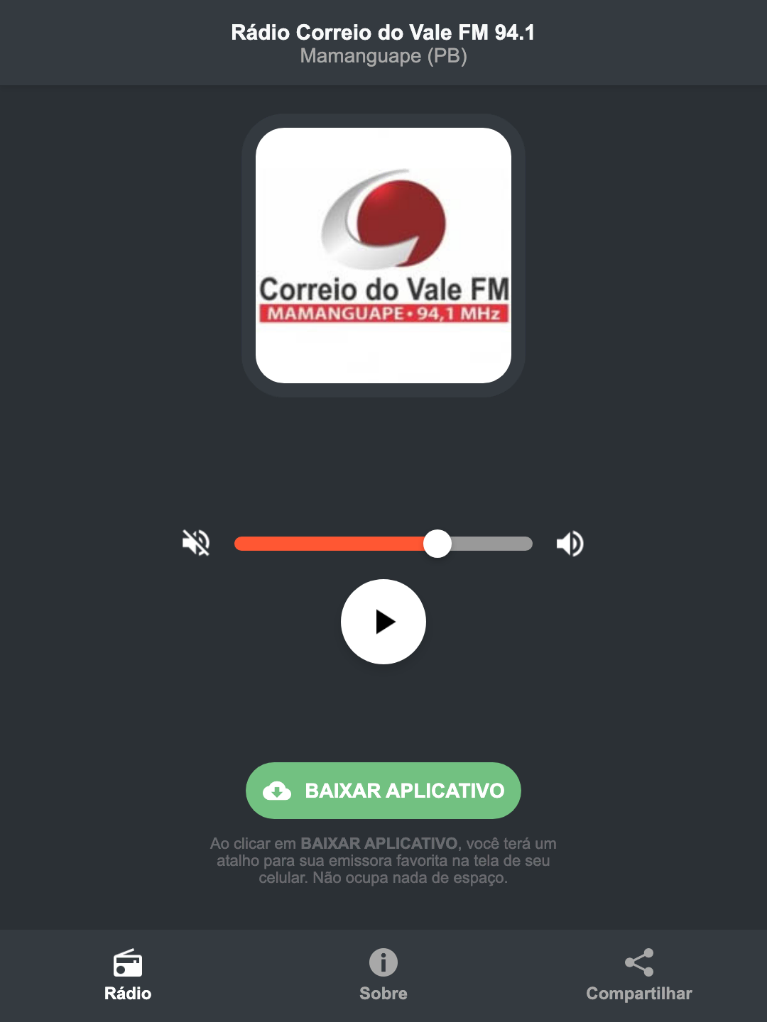 Screenshot do aplicativo da Rádio Correio do Vale FM 94.1