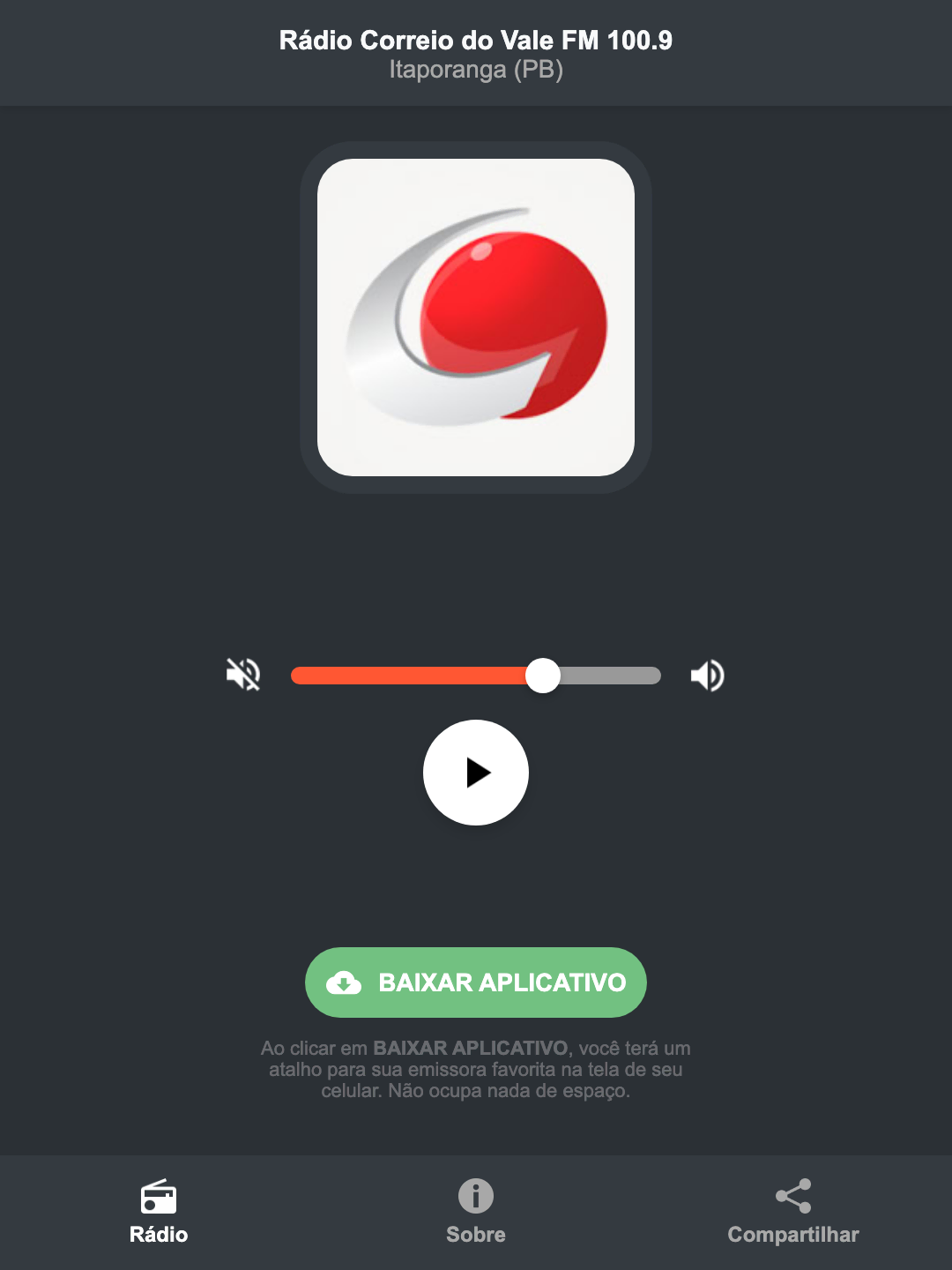 Screenshot do aplicativo da Rádio Correio do Vale FM 100.9