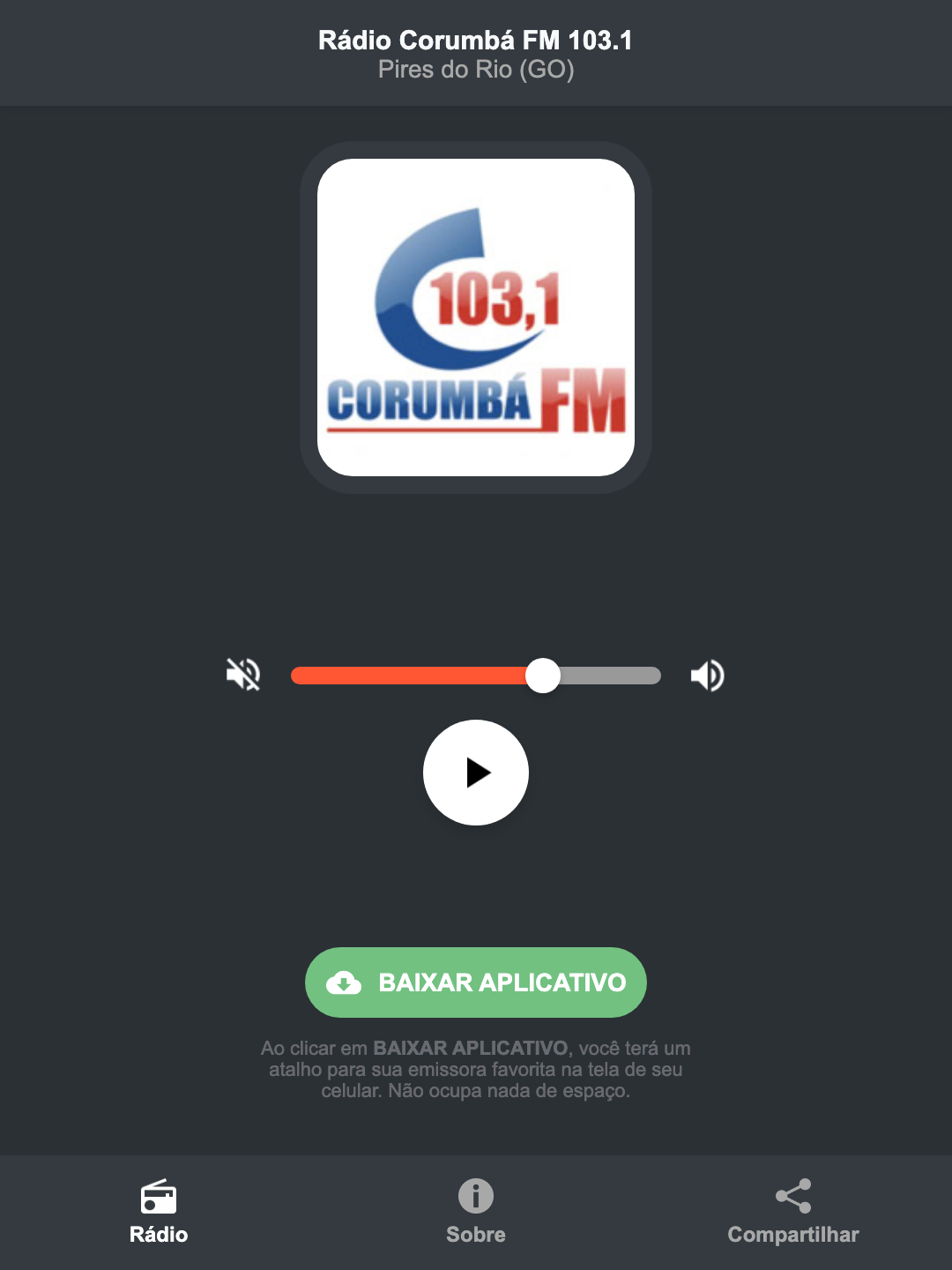 Screenshot do aplicativo da Rádio Corumbá FM 103.1
