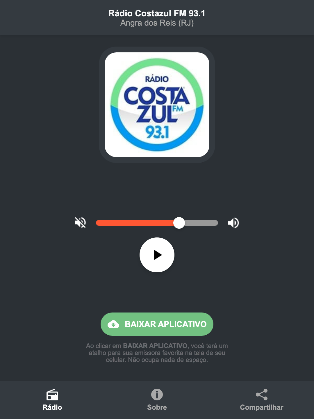 Screenshot do aplicativo da Rádio Costazul FM 93.1